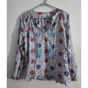 Boden Women's 8 Blue Floral Peasant Tunic Lightweight V-Neck Loose Boho Tassels